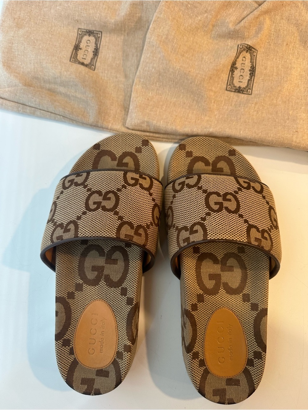 Gucci Tan and Brown GG Canvas Slide Sandals